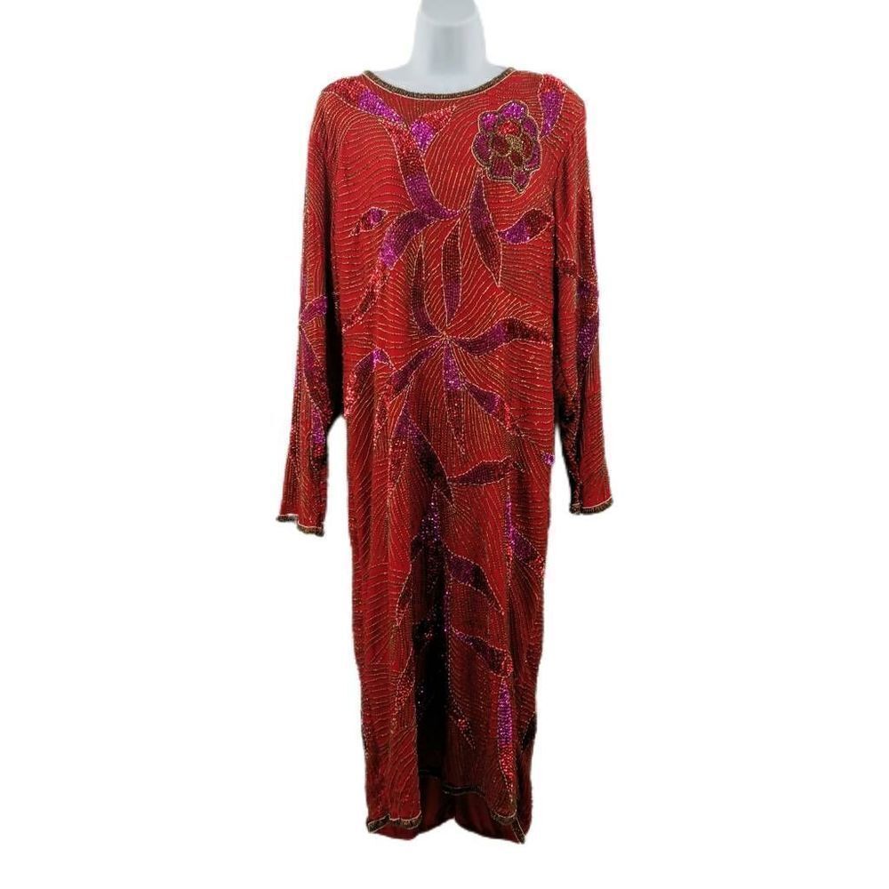 Vintage Royal Feelings Red & Purple Beaded Sequin Dress | Long Sleeve | Keyhole